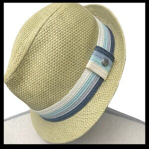 Unisex Tan/Neutral with Blue/White Band Straw Fedora